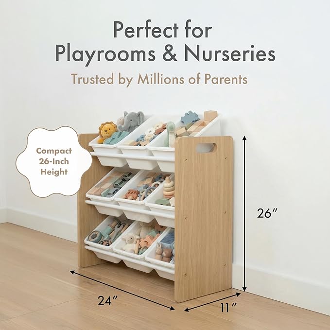 Humble Crew 9-Bin Toy Organizer – Journey Natural Wood with White Plastic Bins, 3-Tier Storage Solution for Kids' Playrooms a