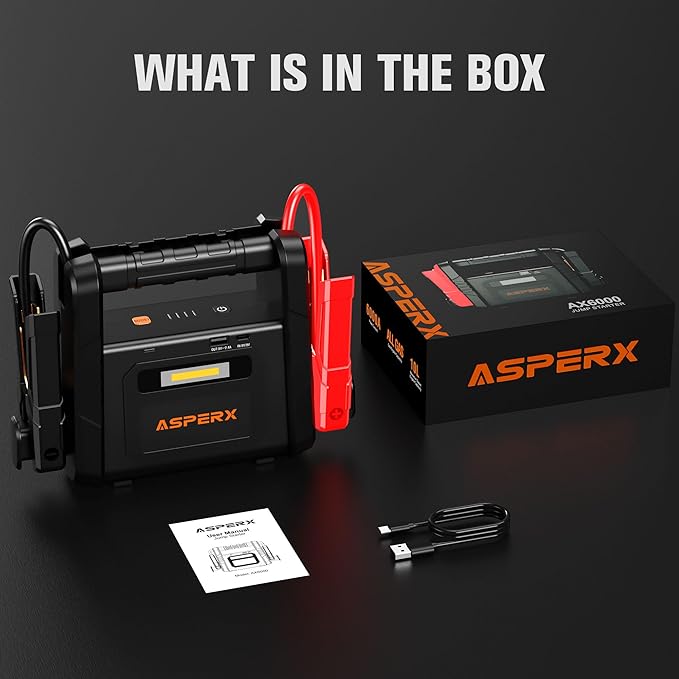 AsperX 6000A Car Jump Starter, Battery Jumper Starter Portable for 12V Vehicles (for All Gas or up to 12L Diesel) - Car