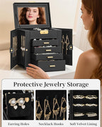TORIBIO Jewelry Box for Women, Leather Jewelry Organizer with Mirror & Lock, 5-Tier Jewelry Storage Organizer with 4 Drawers 