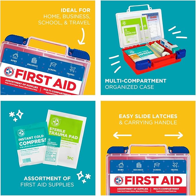 Be Smart Get Prepared 180 Piece First Aid Kit: Clean, Treat, Protect Minor Cuts, Scrapes. Home, Office, Car, School, Business