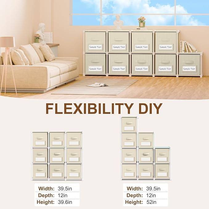 Geelin 9 Cube Storage Organizer with Fabric Bins and Labels 11 Inch, Fabric Collapsible Cubby Clothes Storage Drawer Dresser 