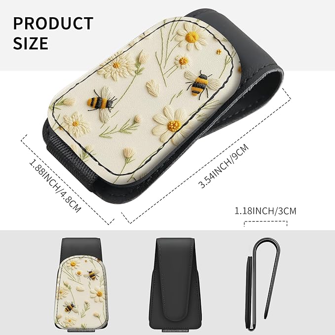 Sunglasses Holder for Car Visor, PU Leather Glasses Clip Organizer, Cute Magnetic Eyeglass Holder for Vehicle Sun Visor, Car Interior Accessory for Women & Men Bee Daisy Cream