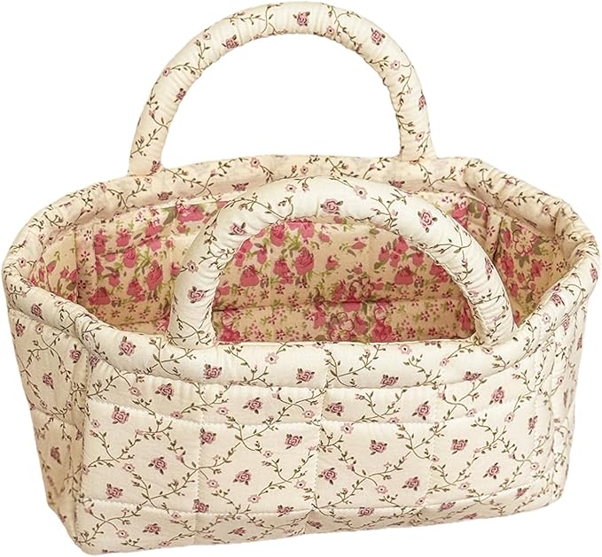 Small Storage Basket Organizer, Mini Fabric Floral Storage Baskets with Handle, Quilted Portable Collapsible Storage (P)