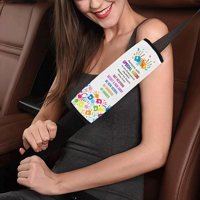 Personalized Name Non Respond Autism Colorful Hand Seat Belt Cover Autism Awareness Medical Alert Autism Seatbelt Cover for Kids Non-Verbal Autistic Special Needs Autism Car Accessories AT34