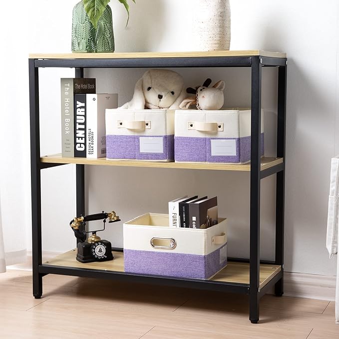 PRANDOM Fodable Storage Bins for Closet [3-pack] Decorative Fabric Storage Baskets Cubes with Leather/Metal Handles for Shelv