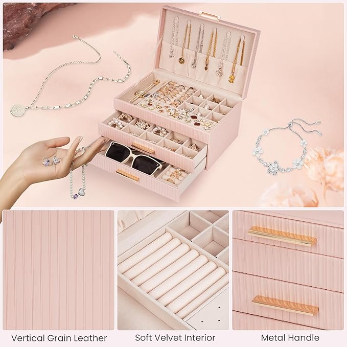 Dajasan Jewelry Box Organizer, 3-Tier Jewelry Storage Organizer with 2 Drawers, Large Jewelry Box for Girls Women, PU Leather