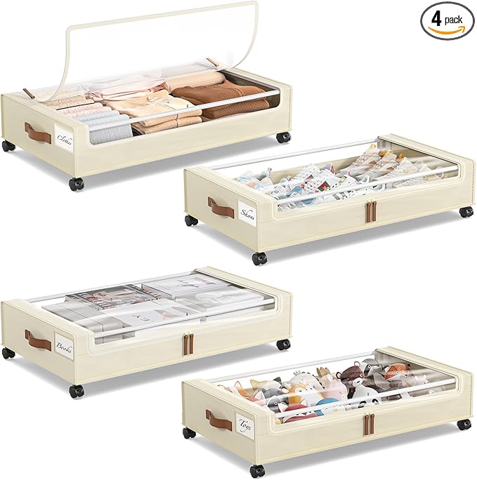 Yecaye 4 Pack Under Bed Storage with Wheels, Under Bed Storage Containers with Lids, Large Under Bed Rolling Storage with Cle