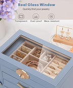 Enthralite Jewelry Box with 4 Drawers: Display Organizer for Earrings Necklaces - Gifts for Girls Women (Grey Blue)