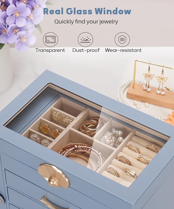 Enthralite Jewelry Box with 4 Drawers: Display Organizer for Earrings Necklaces - Gifts for Girls Women (Grey Blue)