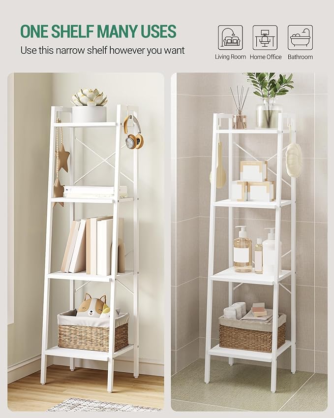 Hzuaneri Ladder Shelf, Bookshelf Bookcase, Freestanding Corner Storage Shelve with 2 Hooks for Home Office, Living Room, Kitc