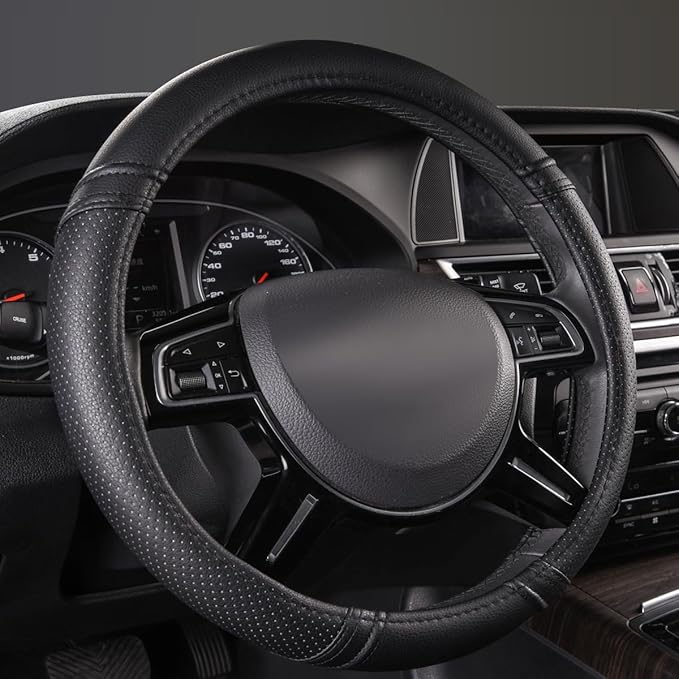 Car Pass Classical Leather Automotive Universal Steering Wheel Covers,Universal Fit for Suvs,Trucks,Sedans,Cars,Vans,14.5-15i