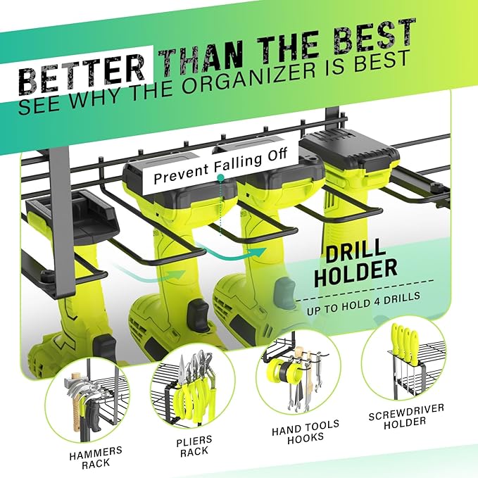 SUNALLY Power Tool Organizer, 4 Drill Holder Wall Mount, Garage Tool Organizer and Storage with Screwdriver Holder, Garage Or
