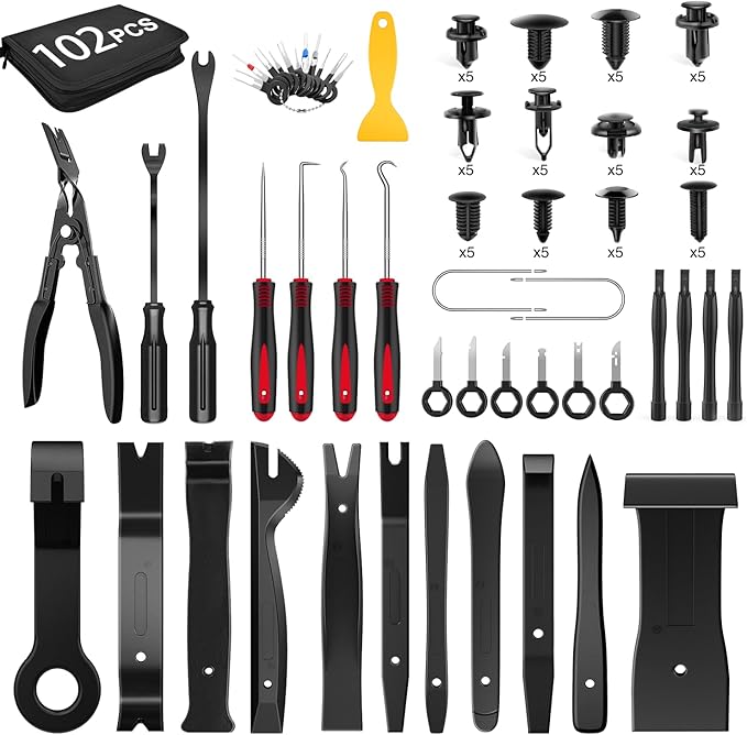 GOOACC 102Pcs Trim Removal Tool, Auto Push Pin Nylon Bumper Retainer Clip Set Fastener Terminal Remover Tool Round Handle Cro