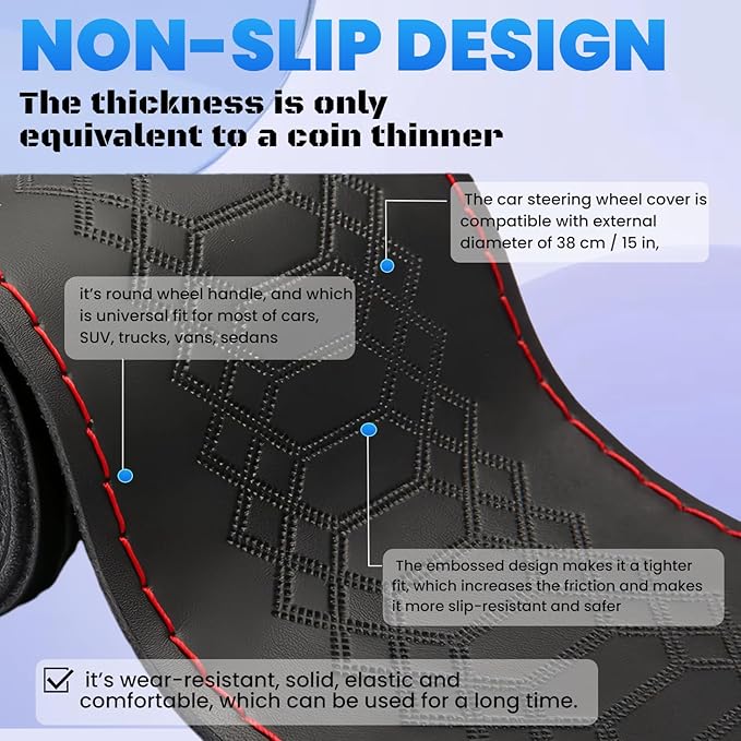 DEEYOTA Car Steering Wheel Cover Universal Fit Round Stitch Steering Wheel Wrap Thin PU Leather Steering Wheel Cover Sewn on 