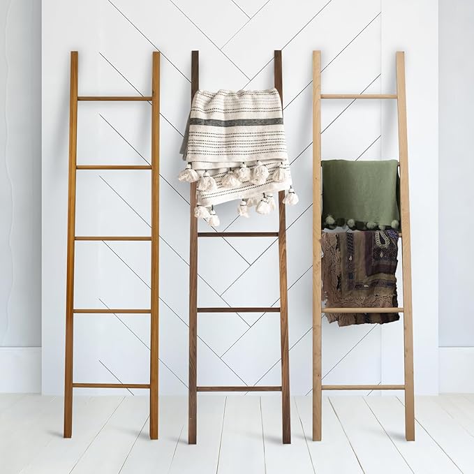 Solid Wood Decorative Ladder - Leaning Blanket Rack for Home Decor Cherry