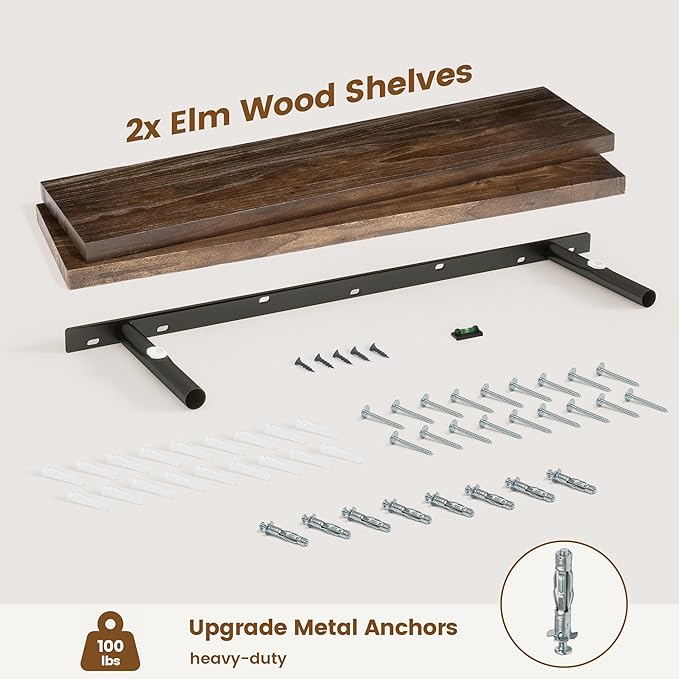 Elm Floating Shelves for Wall Decor, Rustic Solid Wood Shevles Wall Mounted with Invisible Bracket for Living Room Bathroom B