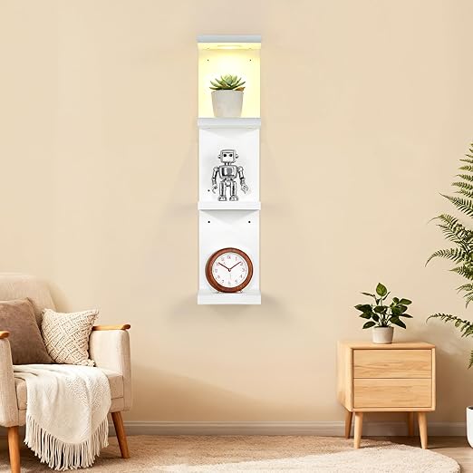 LinTimes 4-Tier LED Wall Shelf with Remote Control, White Floating Shelves Unit, Wall Mounted Display Storage