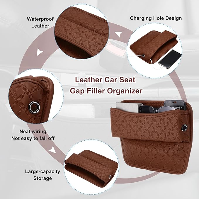 HARFINGTON Car Seat Gap Filler Organizer 11.5 x 8 x 2.1 Inch Leather Universal Car Organizer Storage Box Between Seat and Console for Phone Sunglasses Keys, Brown