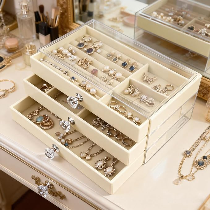 Clear Acrylic Velvet Jewelry Organizer with 3 Drawers, Stackable Display Storage Earrings Necklace Rings Bracelets Box Holder