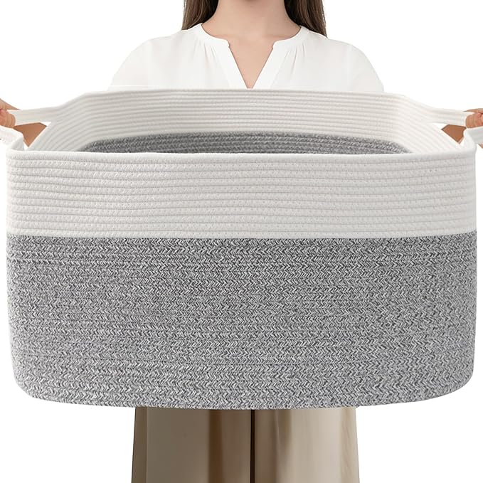 65L Large Blanket Basket,21"x16"x12" Rectangle Storage Bin with Handles,Woven Rope Laundry Basket for Toys, Clothes,Pillows,M
