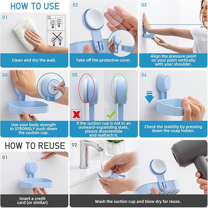 LEVERLOC Soap Dish Holder for Shower Suction Cup Wall Mounted Self Draining NO-Drilling Removable Bar Soap Sponge Holder for 