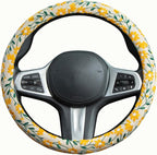 Embroidered Flowers Cute Yellow Daisy Steering Wheel Cover Auto Anti-Slip Breathable Rubber Steering Wheel Protector,Floral Car Accessories for Women,Universal Size Fit Most Cars -15 inch