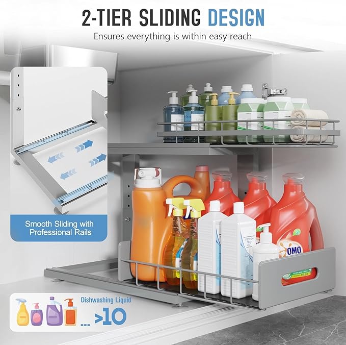 Under Sink Organizer Upgrade To Professional Rails,2-Tier Dual Pull Out Cabinet Storage,Height Adjustable Slide Out Drawers F