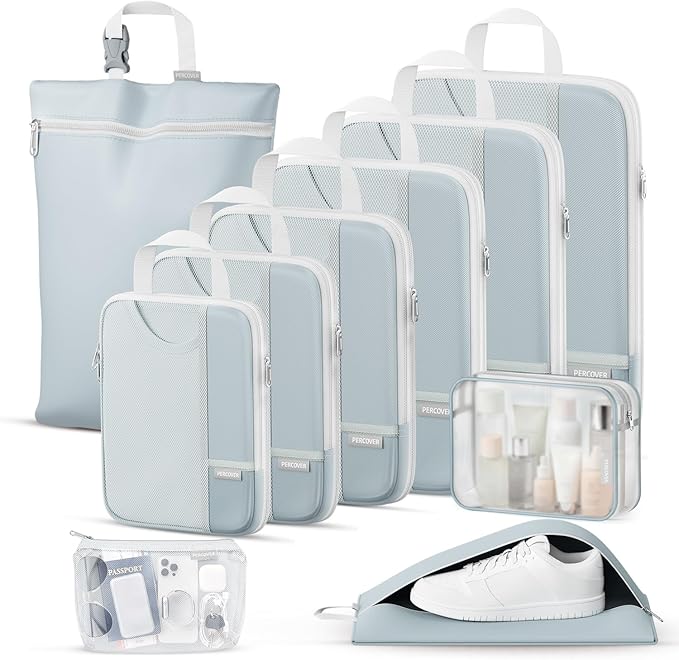 Percover Compression Packing Cubes 10-Piece Set, Packing Cubes Compression for Travel with Toiletry Bag, Laundry Bag & Shoe B