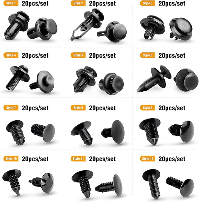 GOOACC - GRC-04 20SETS 240PCS Bumper Retainer Clips Car Plastic Rivets Fasteners Push Retainer Kit Popular Sizes Auto Push Pi