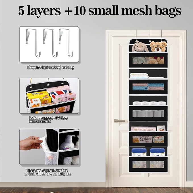 KYEVIS Over The Door Organizer, 5 Shelves Closet Door Hanging Organizer with 10 Mesh Pockets, Nursery Closet Organizer, Baby 