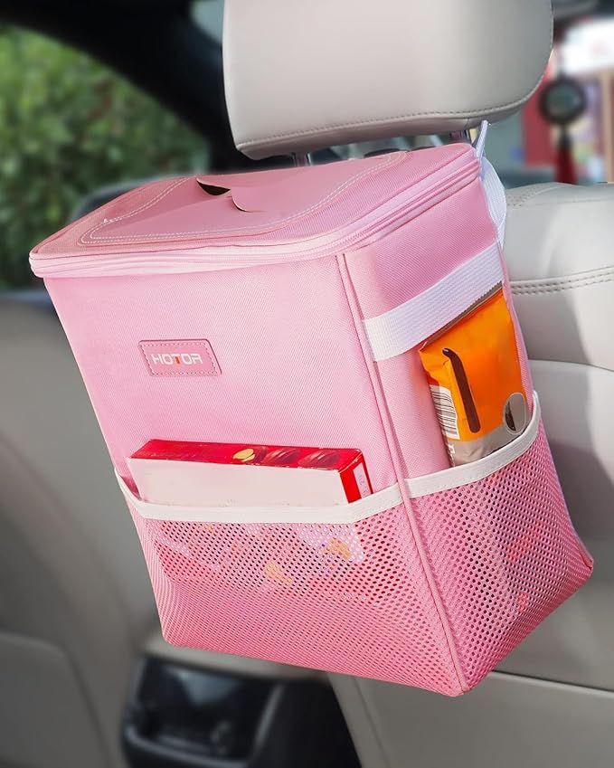 HOTOR 3 Gallons Car Trash Can, Ultra Large Capacity Organizer and Storage with Adjustable Straps & Magnetic Snaps, Waterproof Car Accessory for Interior Car Stuff Storage, Pink