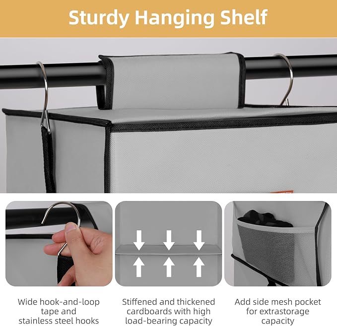 Hanging Closet Organizer 6-Shelf, Upgrade Hanging Shelves for Closet with 5 Removable Drawers & Side Pockets, Hanging Shelf O