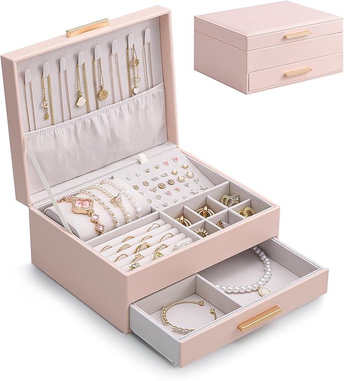 Lolalet 2-Layer Jewelry Box Organizer for Women Girls, Jewelry Storage Case Holder with Drawers for Necklaces Ring Earrings B