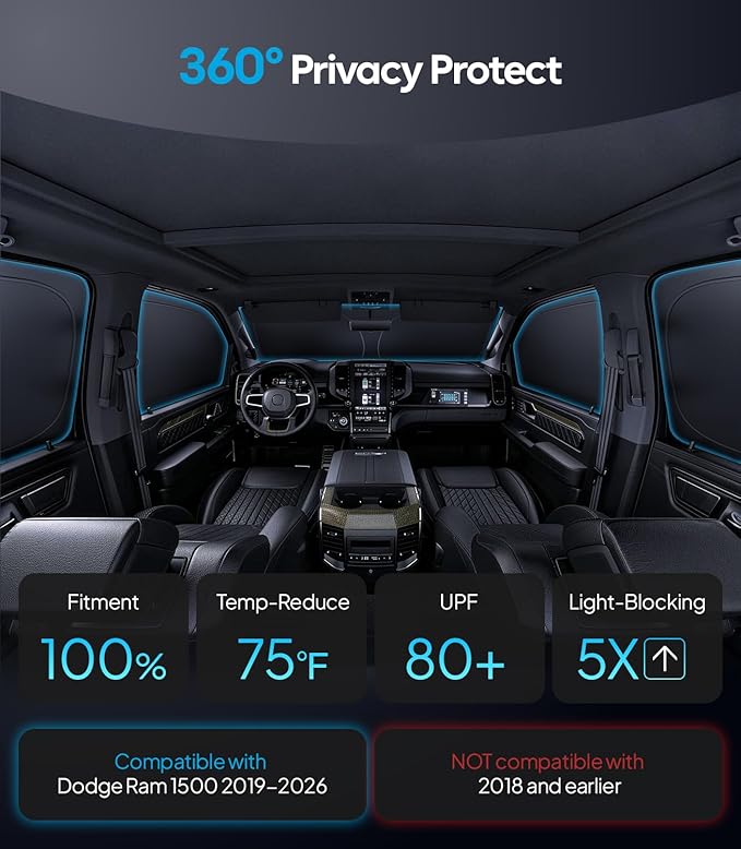 Wigoo 2026 Upgrade 6PCS Full Set Window Sunshade for Dodge Ram 1500 2019-2026 [7-Layer Cooler & Blacker, Ice-Crystal Tech] with Windshield for Sun Block, Baby, Camping, Privacy Napping, Relax