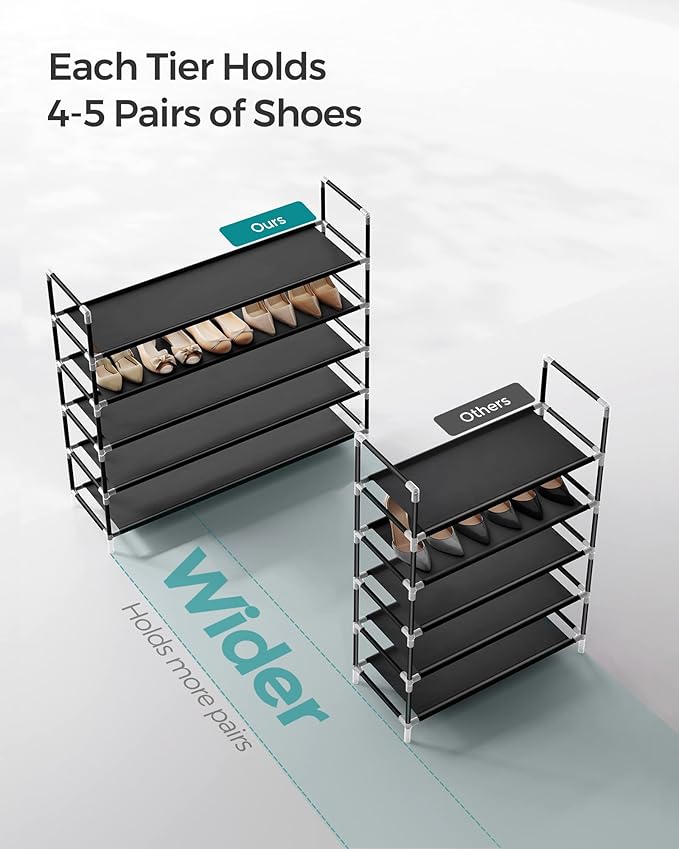 SONGMICS 5-Tier Shoe Rack, Shoe Storage for Hallway Closet, Slim and Space-Saving, Metal Frame, Non-Woven Fabric Shelves, Bla