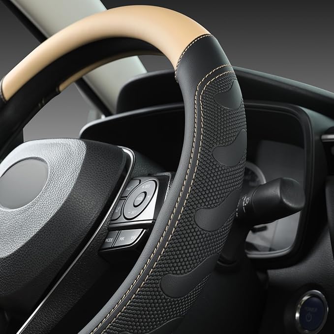 GIANT PANDA Car Steering Wheel Cover for Toyota RAV4,Camry,Highlander,Corolla,Prius,Tacoma,Standard Size - Black+Beige