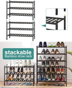 viewcare 3-Tier Black Bamboo Shoe Rack for Entryway, Stackable | Foldable | Natural, Shoe Shelf Storage Organizer for Hallway