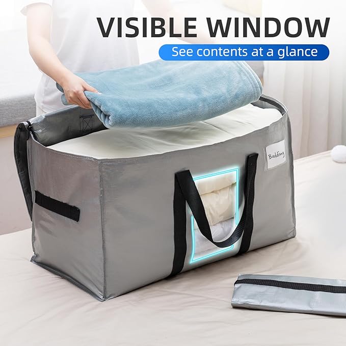 TAILI Extra Large Moving Bags, 6 Pack Silver Heavy Duty Totes for Storage with Visible Window, Wrap Around Handles, Storage B