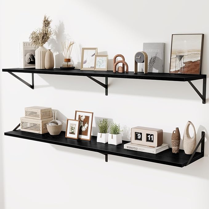 Deep Floating Shelves,55" Wx10 D Wood Wall Shelves Set of 2,Long Wood Floating Shelf with Metal Brackets,Floating Bookshelf f
