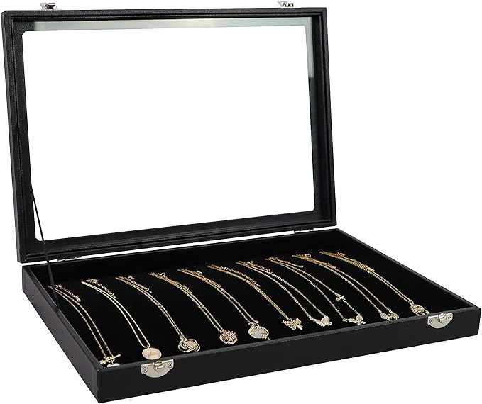 Wudygirl Necklace Organizer 20 Hooks Jewelry Organizer Jewelry Display Stackable Glass Top Lockable Black Velvet Boxes(Neckla