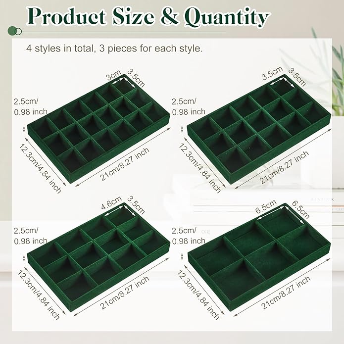 Junkin 12 Pcs Jewelry Tray Velvet Stackable Jewelry Organizer Trays Divided Earring Accessories Storage Containers Box (Rose 