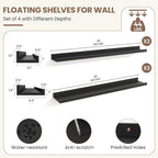 Fun Memories Picture Ledge Shelf, Black Floating Shelves Set of 4, 36 Inch Picture Shelves for Wall with Ledge, Large Nursery