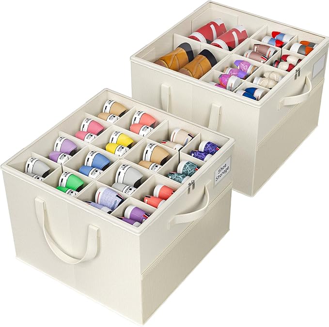 NestOrganix 2 Pack Shoe Organizer for Closet, Large Shoe Box Storage Containers, Foldable Shoe Storage Organizer Box Bin with