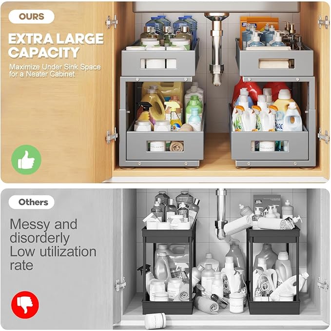 1 Pack 19IN Depth Under Sink Organizer, 2-Tier Pull Out Cabinet Organizer With Smooth Circular Rail, Large Capacity Metal Mes