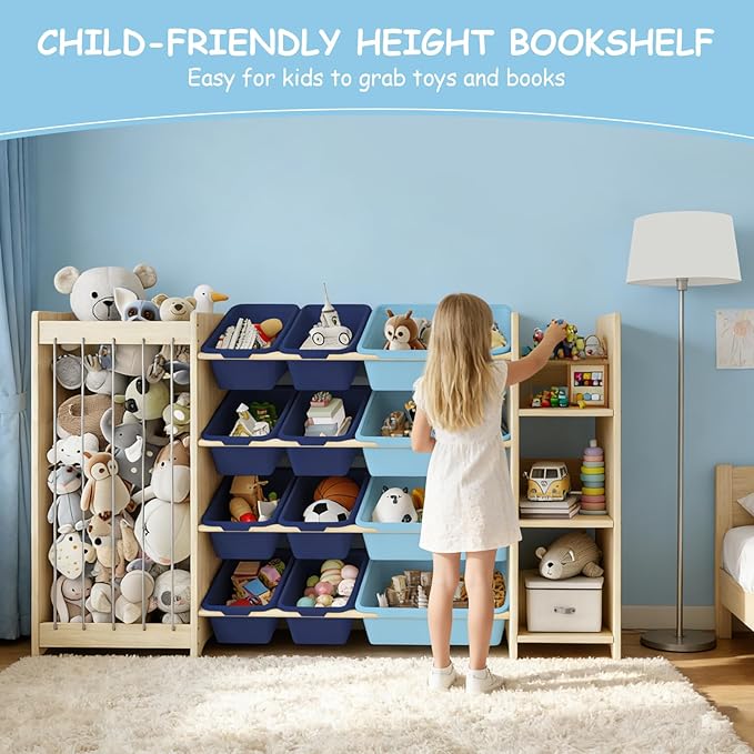 EXPERLAM 3-in-1 Toy Storage Organizer, Stuffed Animal Holder & 3-Tier Bookcase, Solid Wood Toy Organizer with 12 Storage Bins