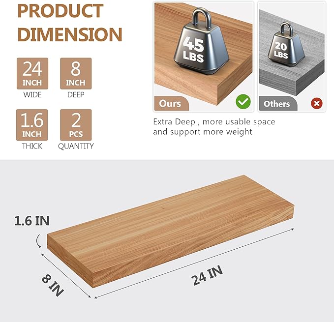 8 Inch Deep Floating Shelves, USA-Sourced Rustic Elm Wood Wall Shelves for Storage, Wall Mounted Display Shelving with Invisi