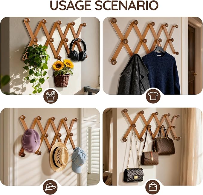 WGFKVAS Hat Rack for Wall with 14 Hooks, Solid Wooden, Expandable Coat Rack Wall Mount for Coats, Hats, Bags, Baseball Caps, 