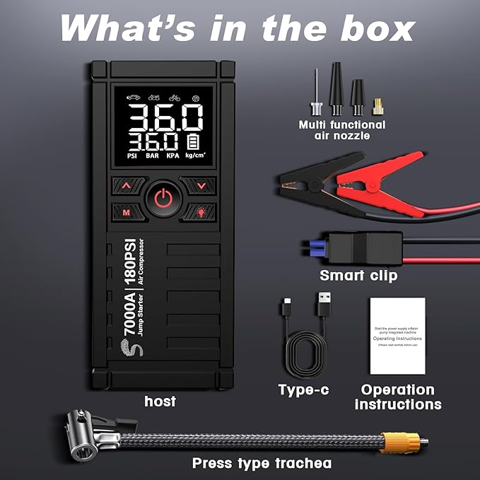 Jump Starter with Air Compressor, 7000A 180PSI Car Battery Jump Starter Jump Box (All Gas/10.0L Diesel), Battery Jumper