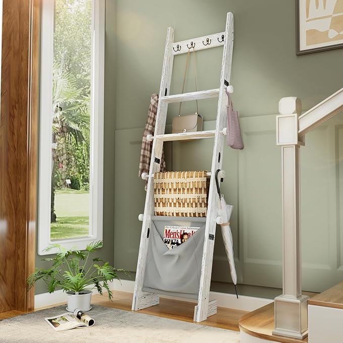 REFGY Blanket Ladder for Living Room, 5-Tier Wooden Blanket Ladder, 5.3Ft Wall Leaning Quilt Ladder for Bedroom, Rustic Decor