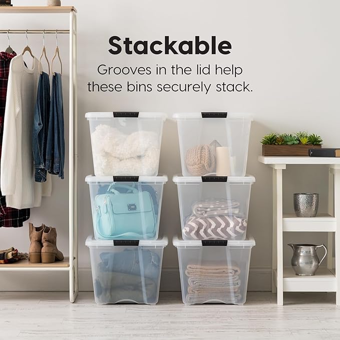 IRIS USA 12-Pack 54 Quart Stackable Storage Bins with Lids [Made in USA] - Everyday Organizer Latching Clear Plastic Organiza